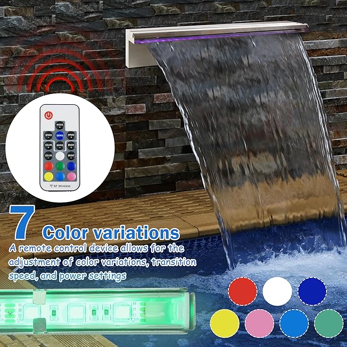 19.6 Inch Pool Waterfall Spillway, Stainless Steel Pond Waterfalls with Multi Color-LED Light Outdoor Pool Fountain, Water Flow Fountains Kit for Garden Patio & Rockery Decoration