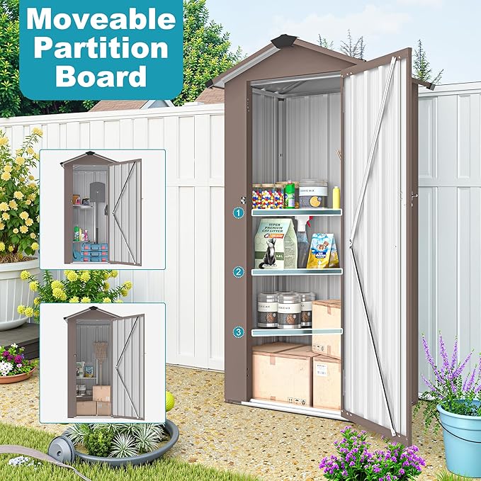 2.5x1.4 FT Outdoor Storage Shed, Metal Tool Shed with Lockable Doors & Peaked Roof, Galvanized Steel Garden Shed for Backyard Garden Patio Lawn, Brown