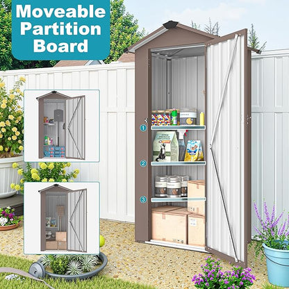 2.5x1.4 FT Outdoor Storage Shed, Metal Tool Shed with Lockable Doors & Peaked Roof, Galvanized Steel Garden Shed for Backyard Garden Patio Lawn, Brown
