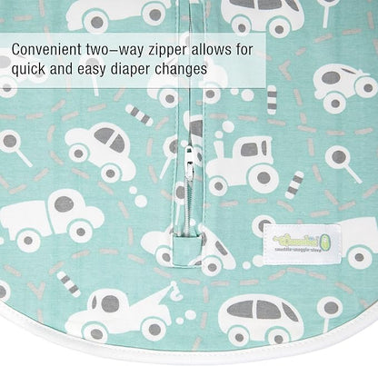 Woombie Original Baby Swaddling Blanket - Soothing, Cotton Baby Swaddle with Zipper - Wearable Newborn Blanket, Buzzy Cars, 14-19 lbs