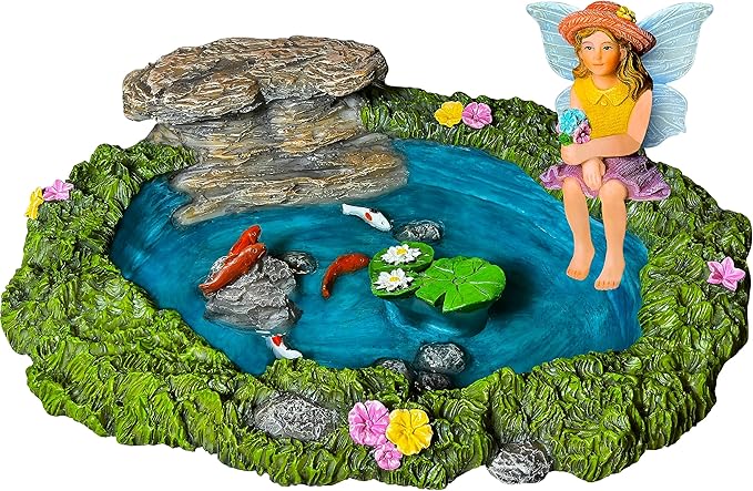 Mood Lab Fairy Garden - Miniature Fish Pond & Fairy Figurine Kit - 2 pcs Set of Garden Accessories - Outdoor or House Decor