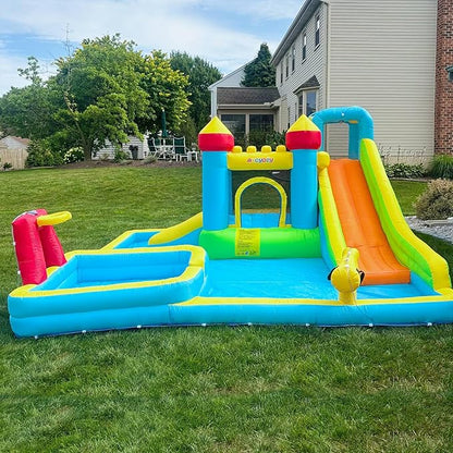 AKEYDIY Inflatable Water Slide Bounce House for Kids 3-12, Mega Water Bounce House Park w/ 2 Slides, Splash Pool & Deep Pool, Basketball Hoop, Water Cannon, 8 in 1 Backyard Water Park with Blower