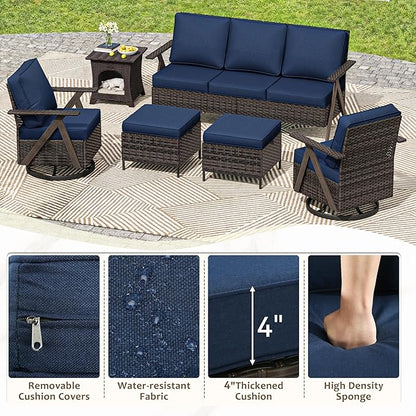 6 Piece Patio Furniture Set, Wicker Patio Conversation Set with Swivel Glider Chair and Outdoor 3-Seater Sofa and 2 Ottomans and Side Table for Deck Yard and Poolside