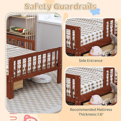 Wood Twin Size Platform Bed with Safety Fence for Kids Boys Girls, Platform Bed Frame with Practical Headboard and 2 Under-Bed Drawers, Sturdy Slats Support (Walnut-3.15)