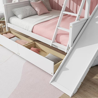 Twin Over Full Bunk Bed with 2 Drawers and Slide, Wood Bunk Bed Frame with Shelves and Ladder, Space Saving Design Bunk Bed for Kids Teens Boys Girls (White-x32c)