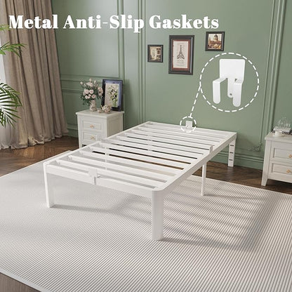 14 Inch Twin Bed Frames with Metal Gaskets, White Bed Frame Twin Size No Box Spring Needed, Heavy Duty Steel Platform Supprt, Rounded Corner Legs, Reserved Holes, Noise Free, Storage Space