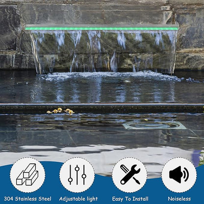 19.6 Inch Pool Waterfall Spillway, Stainless Steel Pond Waterfalls with Multi Color-LED Light Outdoor Pool Fountain, Water Flow Fountains Kit for Garden Patio & Rockery Decoration