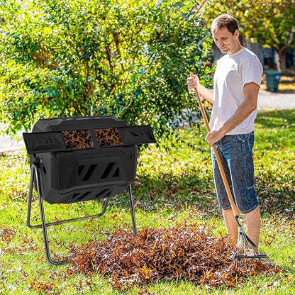 Goplus Compost Bin, Outdoor 42-Gal Dual Chamber Composting Tumbler w/2 Sliding Doors, Heavy-Duty Metal Frame, 360° Rotatable Tumbling Composter, BPA-Free Compost Tumbler for Kitchen Garden Yard Waste