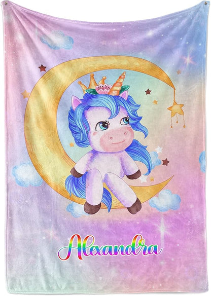 Personalized Unicorn Blanket for Girls | Kids Rainbow Unicorn | Custom Plush Fuzzy Unicorns for Toddler | Customized Little Girl Throw Blankets | Girl Sofa Bed Birthday | Fleece 30x40