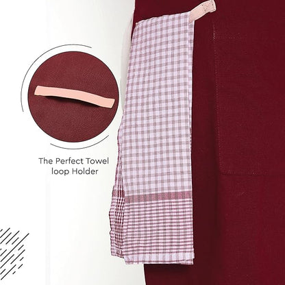 Encasa XO Adjustable Kitchen Cotton Apron With Pockets & Towel Holder Of Size 27x33 in (Maroon) for Men & Women Chefs For Cooking & Baking in Home, Restaurants & Barbeque