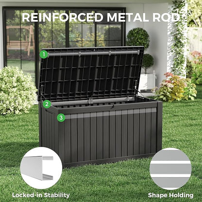 150 Gallon Resin Deck Box, Large Indoor and Outdoor Storage Box, Weatherproof and UV Resistant Outdoor Storage Box with Built-in Steel Beams for Patio, Cushions, Pool Supplies
