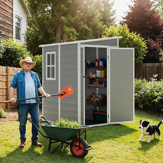 Greesum 5' x 4' Resin Weather Resistant Outdoor Storage Shed with Floor for Garden,Backyard,Pool Tool, Light Grey