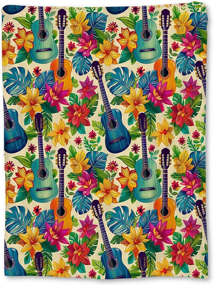 Tropical Colorful Guitar and Floral Blanket, Soft Flannel Throw for Couch, Bed, Travel, Living Room & Home Decor, Cozy Lightweight Warm Fuzzy Blankets for Adults Kids Women Girls 80×60 in