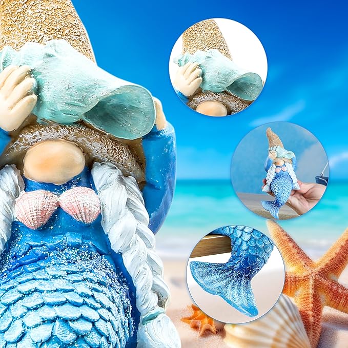 Leekung Mermaid gnome Statue Garden Decor,Beach Gnomes Figurine for Outdoor Indoor Patio Lawn Yard Porch Shelf Bookshelf Edge Table windowsill Decoration,Nautical Ocean Sculpture