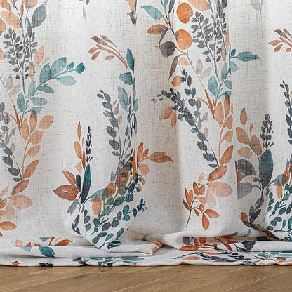 MYSKY HOME Curtains for Living Room Semi Sheer 84 inch Length Light Filtering Privacy Protect Drapes Set Linen Blended Texture Soft Touch Leaves Pattern Treatment, 52" Wide, Burnt Orange, 2 Panels