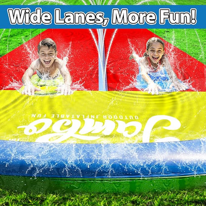 JAMBO 40Ft 3XL Mega Slip Splash and Slide and 2 Bodyboards, Heavy Duty Water with Inflatable Crash Pad, Slide Splash Mat Outdoor Water Sprinkler Splash Mat n Backyard Water Toys