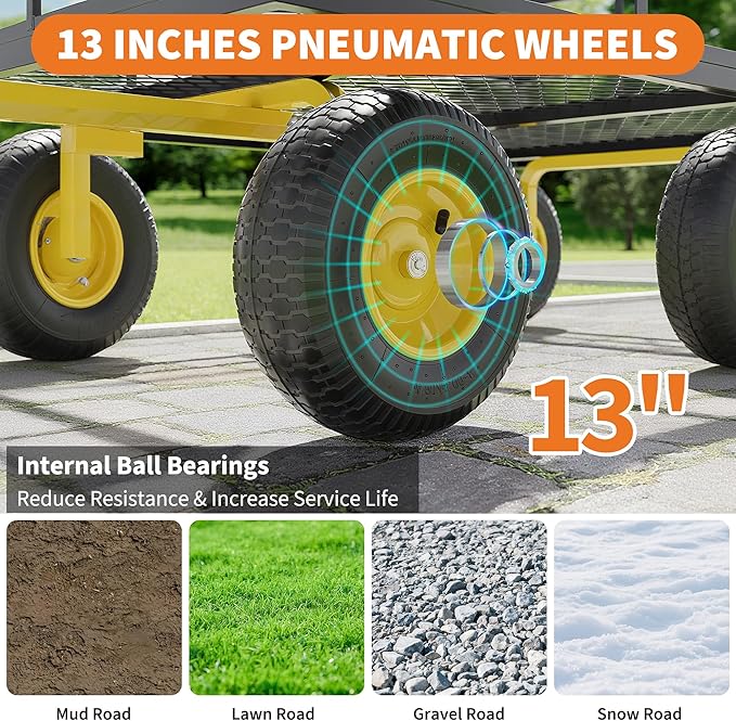 3-in-1 Heavy-Duty Steel Garden Cart, 1400 Lbs Garden Wagon, with 13 Inch All-Terrain Tires and Removable Mesh Side Panels, 180° Rotating Handle, Metal Utility Yard Trailer, Outdoor Gardens Wagon Cart