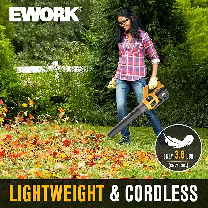 EWORK 21V Cordless Leaf Blower, Powerful Turbo Mode & 550 CFM, 2×3.0Ah Batteries & Fast Charger, Lightweight Electric Leaf Blowers for Lawn Care, Patio, Leaves & Dust