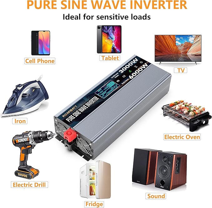 3000W Pure Sine Wave Power 12V Inverter DC to AC 110V 120V Peak Power 6000W with Remote Control 4 AC Outlets,Dual USB Port,LED Display AC Terminal Blocks for Power Inverter Truck RV Car Solar System