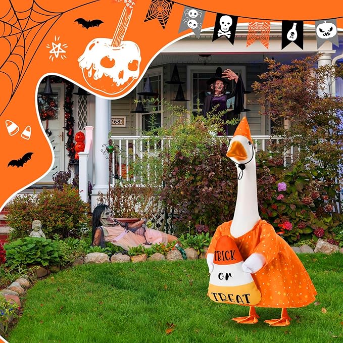 Sanwuta 1 Set Halloween Porch Goose Outfit Candy Corn Pillow Design with Hat for 23" Lawn Cement Goose Porch Geese Clothes Costume for Halloween Garden Patio Yard Outdoor Decorations
