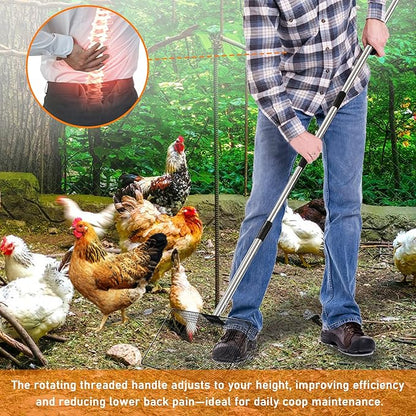 Extra Large Chicken Poop Scooper – 15'' Wide Stainless Steel Litter Cleaner, 5-in-1 Adjustable Handle (37-77 Inch), for Chicken Coops, Poultry Barns, Durable Farm & Outdoor Tool