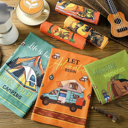 Boyiee Set of 6 Camping Kitchen Towels Absorbent Dishcloths Bonfire Tent Car Tea Towels 24 x 16 Inches with Funny Sayings Novelty Gifts for Campers Happy Camper Camping Accessories for Rv Campers