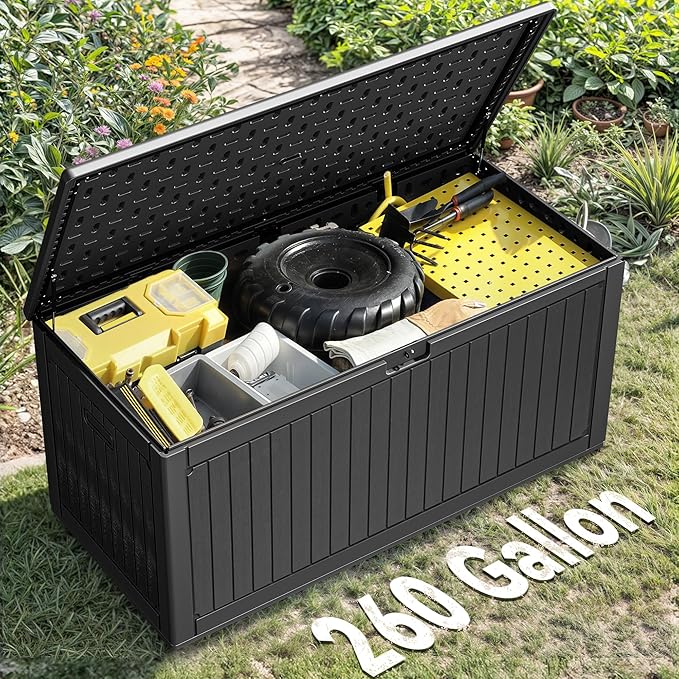YITAHOME 260 Gallon Double-Wall Deck Box with Divider & Side Handles, Outdoor Large Storage for Patio Furniture Cushions, Garden Pool Accessories, Water Resistant & Lockable