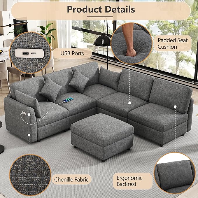 Ball & Cast Oversize Modular Sectional Sofa,85.4" 5-Seater Couch with USB Ports and 9 Pillows,Chenille Upholstered Convertible Sleeper Sofabed w/Movable Ottoman,for Living Room,Grey