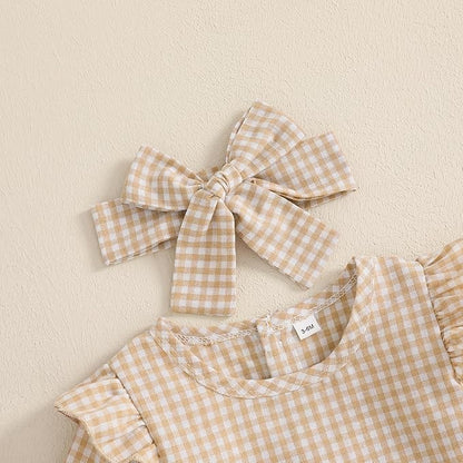 Karuedoo Newborn Baby Girl Clothes Gingham Plaid Bubble Romper Long Sleeve Ruffle Bodysuit with Headband Spring Fall Outfit