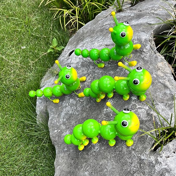 Metal Caterpillar Statue Yard Art Garden Decor for Outside Patio Lawn Ornaments Fence Decorations Gift for Family,Friends,Garden Lovers - Set of 4(Green)