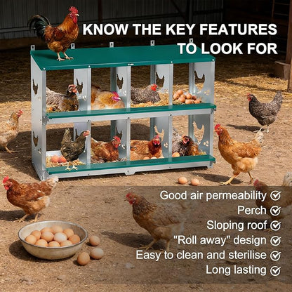 Chicken Nesting Box 8 Compartment with 10 Pet Moisture Pads and 4 Fake Eggs Roll Away Egg Collection, Perch, Lid Cover for Egg Protection - Wall Mount Nest Box for Chickens, Hens, Ducks
