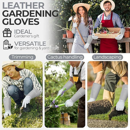 HANDLANDY Long Gardening Gloves for Men & Women, Thorn Proof Rose Pruning Gloves Leather Gauntlets Garden Glove Yard Work Glove (Silver Gray, Large)