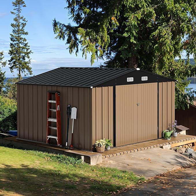 Devoko 10 x 10 FT Outdoor Storage Shed, Metal Garden Sheds & Outdoor Storage Clearance, Large Tool Shed Outdoor with Single Lockable Door for Patio Lawn Backyard (Brown)