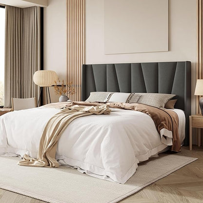 Allewie King Size Platform Bed Frame with Geometric Wingback Headboard, Boho Upholstered Bed with Wooden Slats Support, No Box Spring Needed, Easy Assembly, Dark Grey
