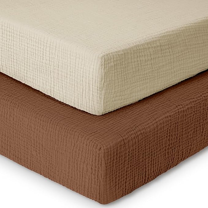 Dreamology Pack and Play Sheets,Mini Muslin Crib Sheet,2 Pack,100% Cotton Crib Sheets,Soft,Breathable,Baby Crib Sheets,Girls,Boys,Pack n Play Sheets Fitted,24x38 Mini Crib Sheet | Caramel,Ecru