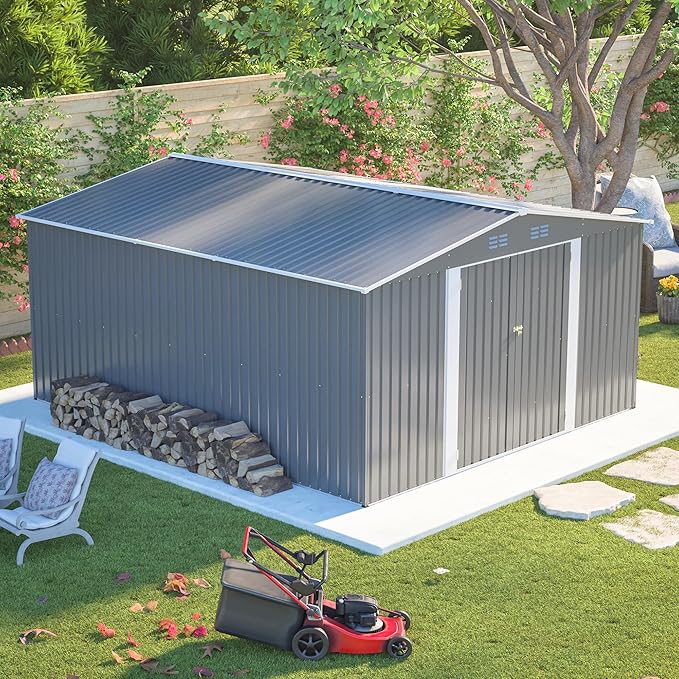 12x14FT Outdoor Storage Shed Metal Shed W/Floor Frame,Garden Tool House W/ 4 Air Vents,Lockable Double Doors & Sloped Roof,for Patio,Lawn,Backyard,Light Gray