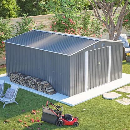 12x14FT Outdoor Storage Shed Metal Shed W/Floor Frame,Garden Tool House W/ 4 Air Vents,Lockable Double Doors & Sloped Roof,for Patio,Lawn,Backyard,Light Gray