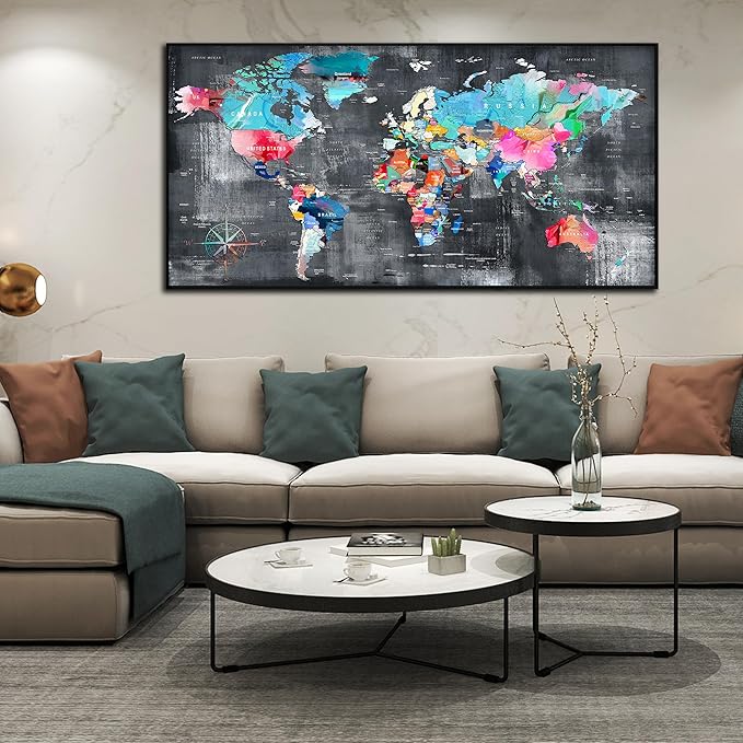 ZHAOSHOP World Map Canvas Wall Art with Frame - Office Artwork Wall Decor - Teal and Gray Wall Art for Living Room Large Size Ready to Hang Size 29" x 59"