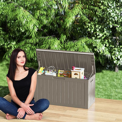 80 Gallon Resin Deck Box, Waterproof Outdoor Storage Bin for Patio Furniture, Pool Accessories, and Garden Tools, Lockable & UV-Resistant, Grey