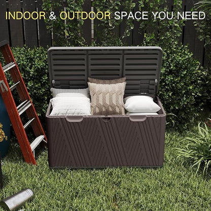 Kingdura 110 Gallon Outdoor Storage Box, Waterproof Resin Deck Box for Indoor and Outdoor Use, Lockable Storage Container for Patio Furniture Cushions Garden Tools (Coffee, 110 Gallon)
