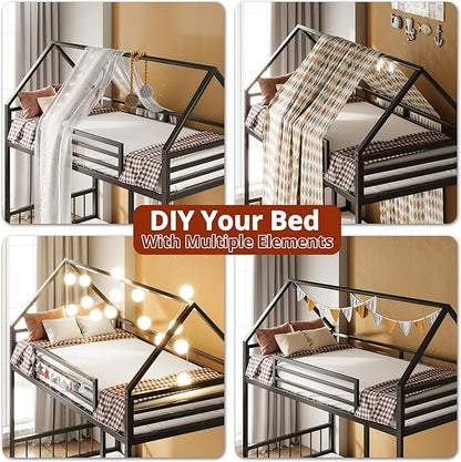 LIKIMIO Bunk Bed Twin XL Over Twin XL, Metal Bunk Bed Frame with Ladder and Guardrail, House Shaped with Metal Slats for Dormitory and Bedroom, Space Saving, No Box Spring Needed, Black