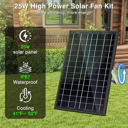 Solar Exhaust Fan,25W Solar Fan for Chicken Coop,Shed,Greenhouse & Attic Ventilation Cooling, Easy Installation,3500RPM,18FT Cord,IP67 Waterproof Solar Powered 4 Fan Kit