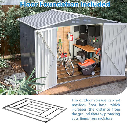 6x8 FT Outdoor Storage Shed, Metal Garden Shed with Frame Floor, Outside Tool Shed with Lockable Hinged Doors, Waterproof Storage Building with Sloped Roof for Backyard, Patio, Lawn, Gray