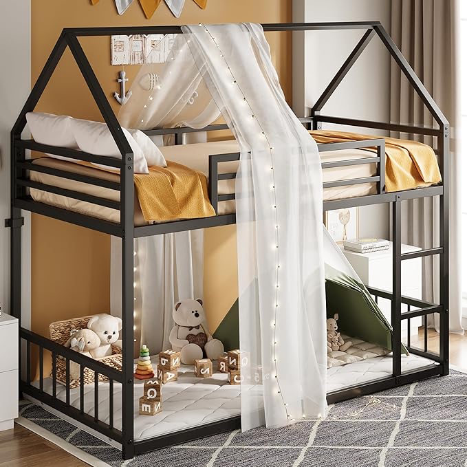 LIKIMIO Bunk Bed Twin XL Over Twin XL, Metal Bunk Bed Frame with Ladder and Guardrail, House Shaped with Metal Slats for Dormitory and Bedroom, Space Saving, No Box Spring Needed, Black