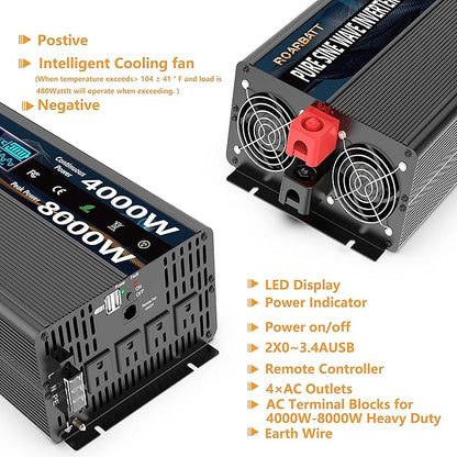 Pure Sine Wave Power Inverters 4000W 12V DC to AC 110V 120V Peak 8000W with Remote Control 4 Outlets,Dual USB Port,LED Display Terminal Blocks for Inverter Truck RV Car Solar System