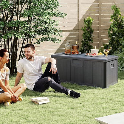 HAPPYGRILL Outdoor Storage Deck Box with Lockable Design & Gas Strut, Handle, 100 Gallon HDPE Patio Storage Organizer for Lawn Backyard Poolside (Gray)