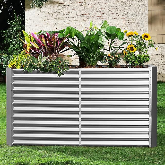 Land Guard 8x4x3ft Rectangular Galvanized Raised Garden Beds, Large-Capacity Metal Planter Box Outdoor, Durable Deep Raised Garden Bed 3ft Tall, Raised Beds for Gardening Vegetables, Classic Silver