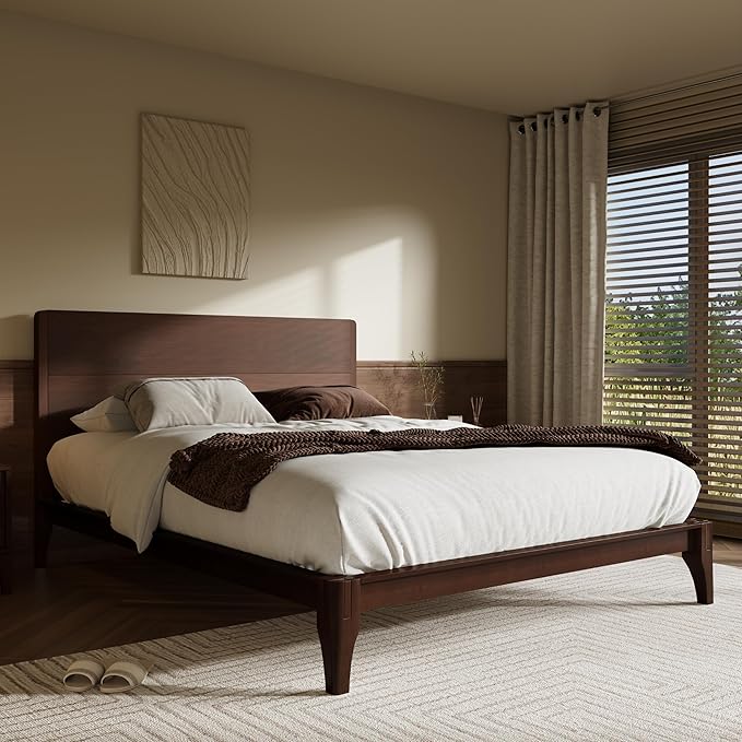 Merax Queen Size Bamboo Platform Bed, Mid-Century Modern Bed Frame