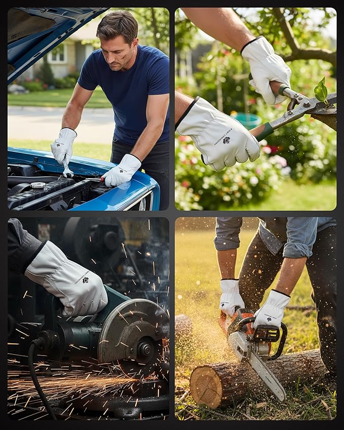12 Pair Heavy Duty Leather Work Gloves for Men & Women – Cowhide Construction & Yard Leather Gloves – Puncture Resistant Safety Gloves for Landscaping & Outdoor Use (S)