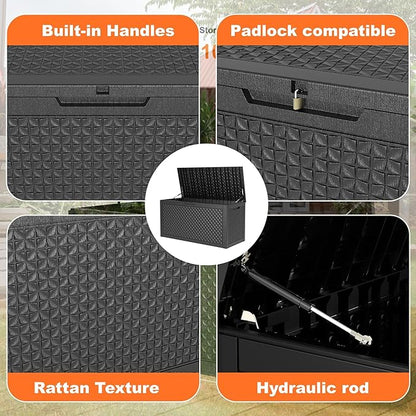 ROJIK Outdoor Storage Housing Deck Box - Waterproof Patio Furniture, Garden Tools, Cushions, Pool Accessories Storage Bench with Lockable Lid and Side Handles (Black pattern,100 Gal)